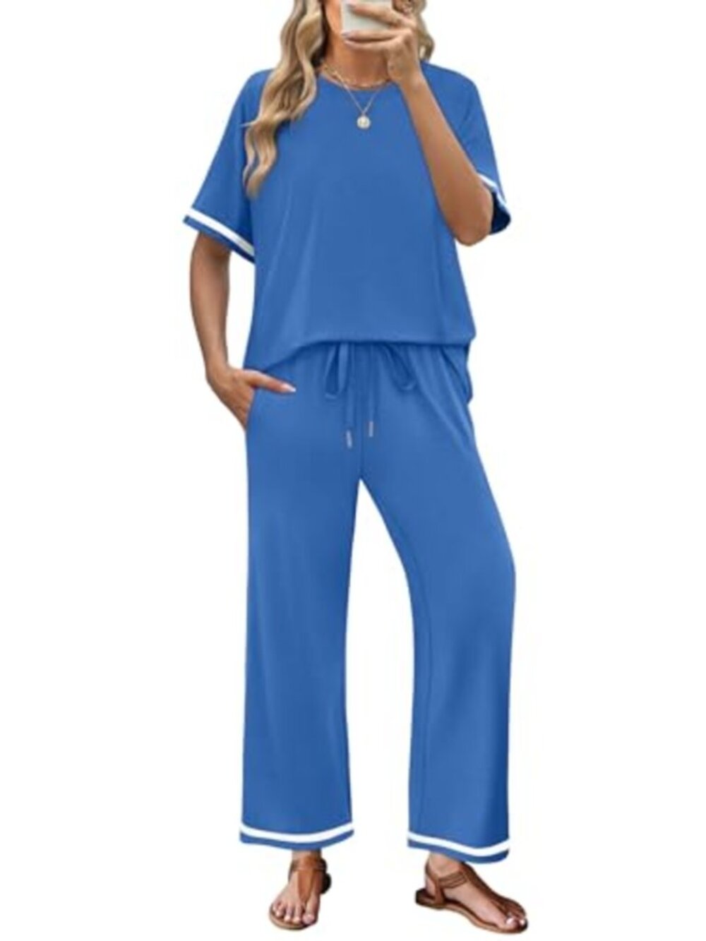 Sampeel 2 Piece Lounge Set Short Sleeve Wide Leg Pants Casual Travel